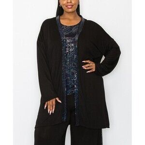 COIN 1804 Women's Plus Size Sequin Contrast Open Cardigan Black 2X